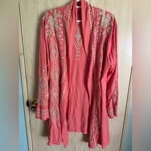 JOHNNY WAS Tulia Embroidered Coral Duster Cardigan Boho Size 2X